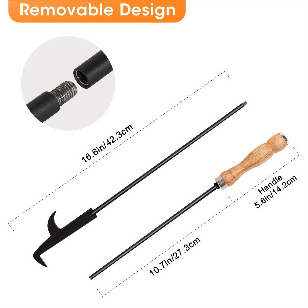 Fire Pit Poker 32 Inch, Heavy Duty Wrought Iron Fire Poker Stick with Wooden Handle and Barb Hook, Collapsible Campfire Poker for Fireplace, Bonfire, Camping, Outdoor and Indoor Fire Pit Tools