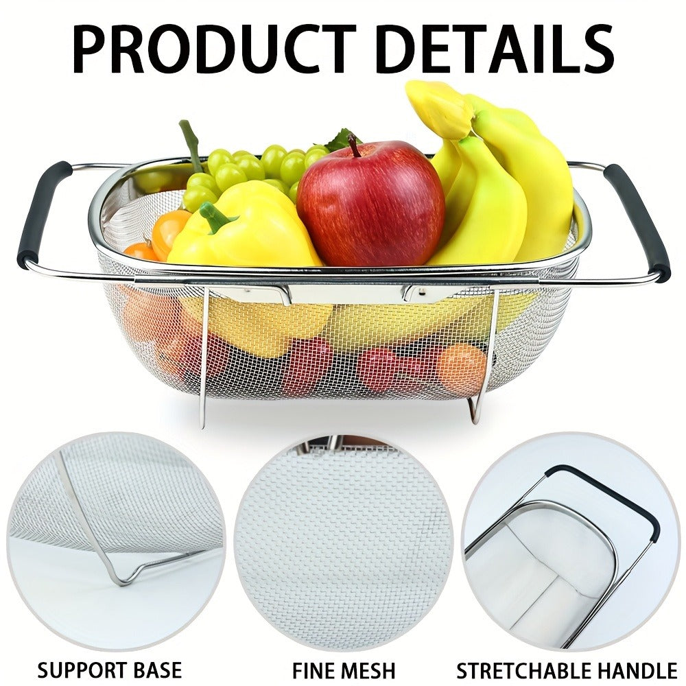 Expandable Sink Colander Stainless Steel ¨C Over the Sink Strainer Basket with Fine Mesh & Rubber Grip, Adjustable Kitchen Drain Strainer for Vegetables, Fruits & Pasta, Small & Large Size