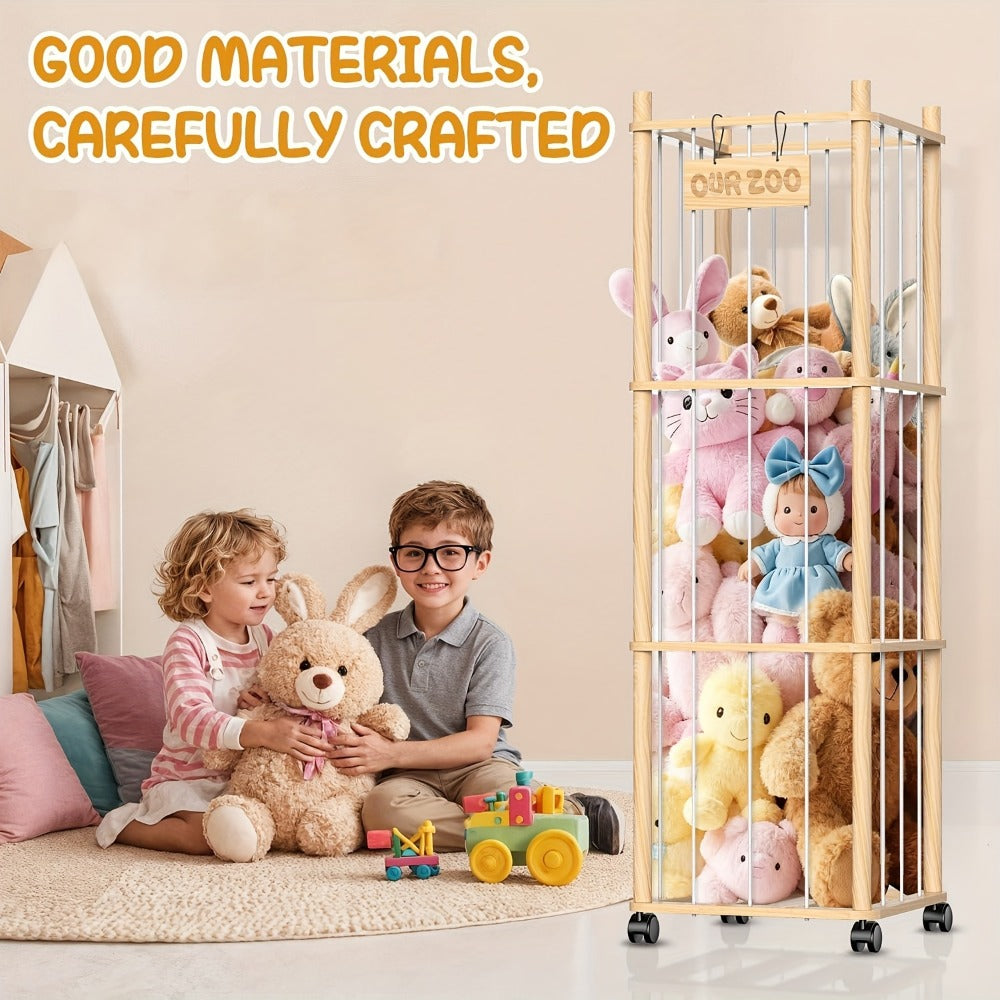 Stuffed Animal Storage Holder with Wheels Natural Pine Wood Plush Toy Organizer Zoo Rack - Large Capacity 2 or 3 Tier with Building Block Bag for Nursery Playroom Bedroom Space Saver