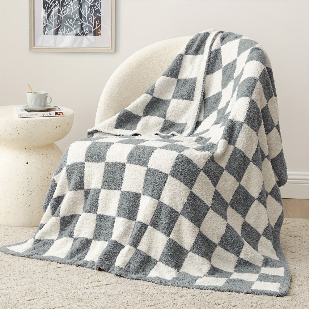 Jacquard Knit Checkered Blanket ¨C Soft Cozy Fluffy Plaid Throw for Couch, Bed & Sofa, All Seasons, 4 Colors, Throw to King Size