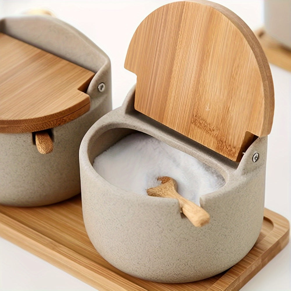 Ceramic Seasoning Pot Set with Lid & Spoon ¨C Salt Pepper Spice Jar Container with Tray Kitchen Condiment Storage Organizer for Counter Cooking Accessories Housewarming Gift