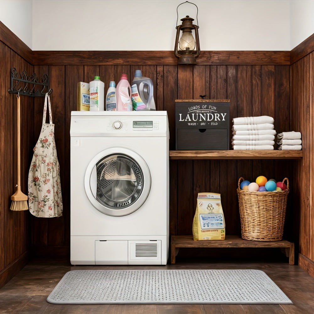 Dryer Sheet Holder with Drawer & Lid | Farmhouse Wood Laundry Pod Dispenser | Wall Mount or Countertop Organizer for Laundry Room Storage, Black & White