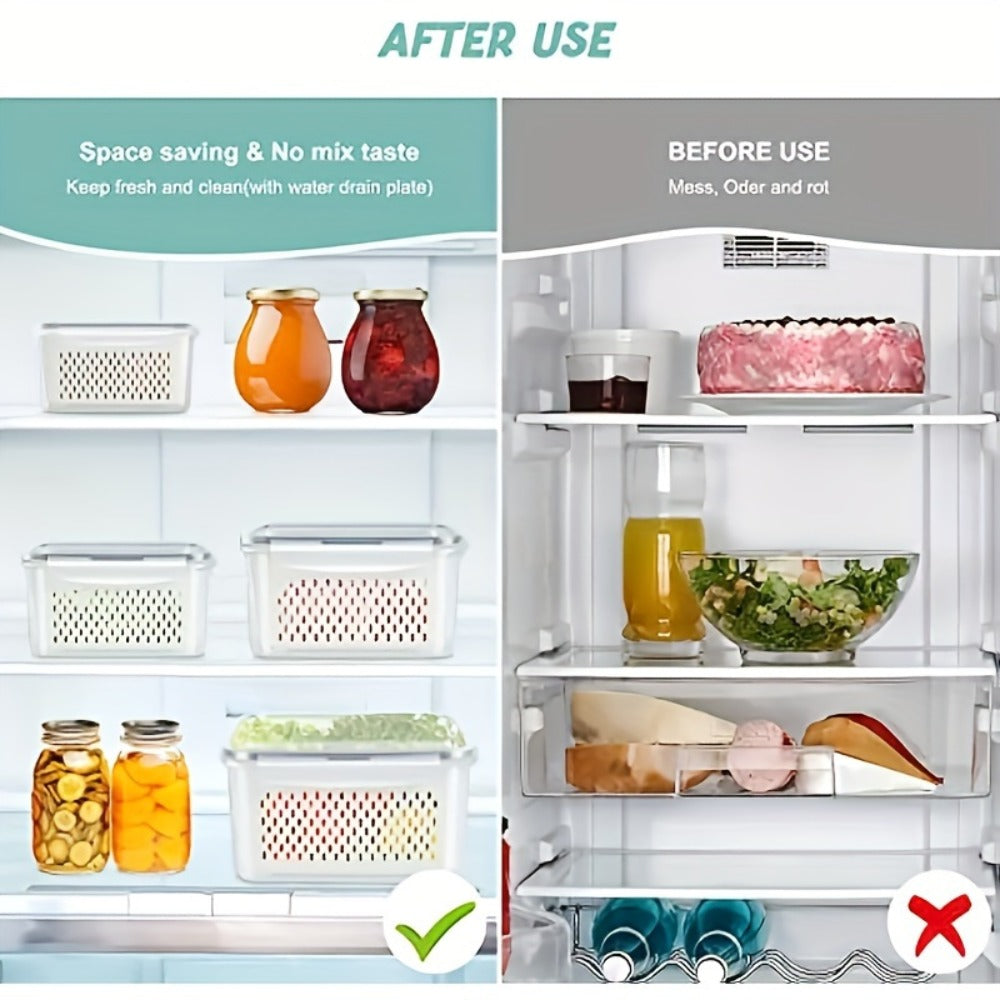 Food Storage Containers Set 6pcs BPA Free Plastic with Drain Baskets and Lids Leak Proof Freezer Safe Reusable for Fruits Vegetables Meal Prep Kitchen Organizer