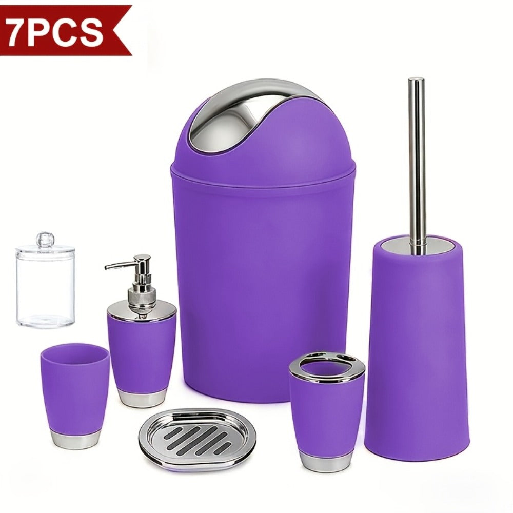 Bathroom Accessory Set 7 Piece - Luxury Modern Complete Bath Set with Trash Can Toilet Brush Lotion Dispenser Soap Dish Mouthwash Cup Toothbrush Holder | Space Saving Easy Clean Housewarming Gift 7 Colors