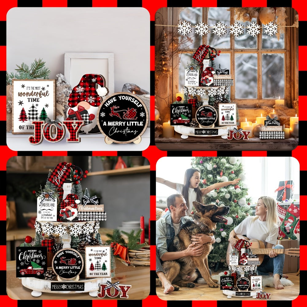 Tiered Tray Decor Set 15/20pcs Winter Christmas Farmhouse Wooden Signs - Buffalo Check Snowflakes Trees Dwarfs Trucks Valentine Easter Holiday Table Display Decorations