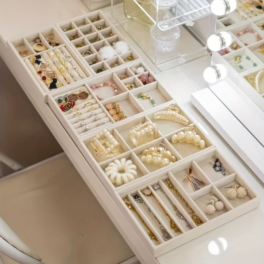 Stackable Jewelry Organizer Trays 6-Piece Set ¨C Rectangular Multi-Compartment Drawer Inserts with Removable Dividers for Earrings, Rings, Necklaces & Bracelets ¨C Tabletop Jewelry Display Case Storage