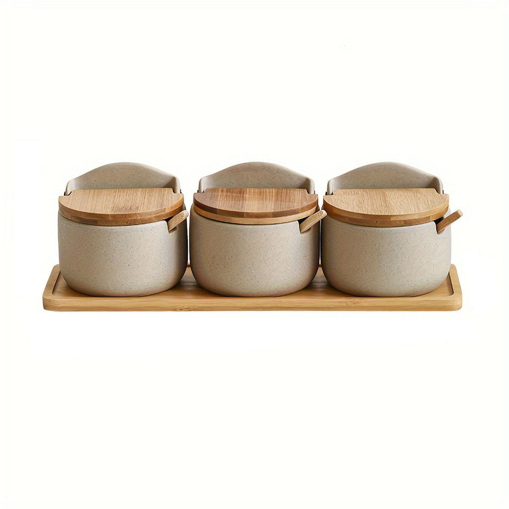 Ceramic Seasoning Pot Set with Lid & Spoon ¨C Salt Pepper Spice Jar Container with Tray Kitchen Condiment Storage Organizer for Counter Cooking Accessories Housewarming Gift