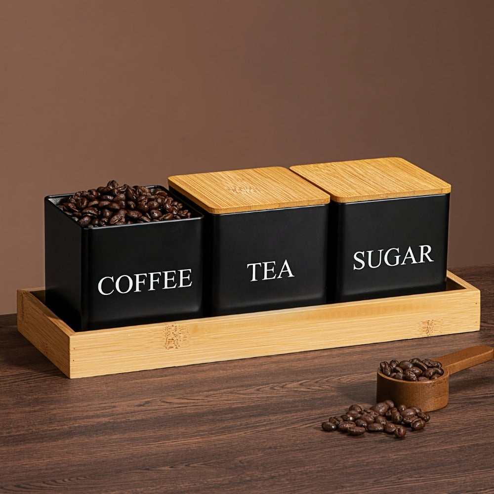Black & White Ceramic Storage Jars Set of 3 ¨C Airtight Kitchen Canisters for Coffee Beans, Tea, Sugar & Spices