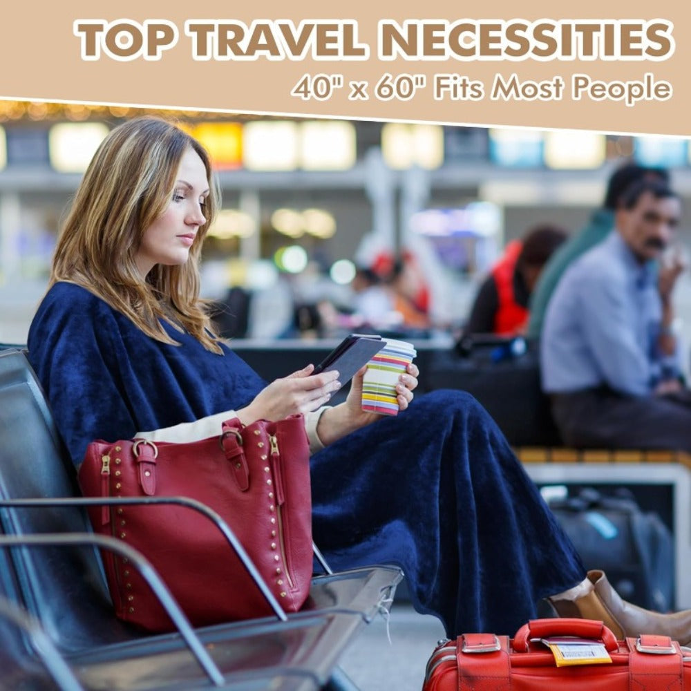 4-in-1 Travel Blanket Airplane - Soft Fleece Poncho Pillow Lumbar Support with Built-in Zipper Bag, Lightweight Packable 40x60in Blanket for Plane Car Office, Holiday Gift