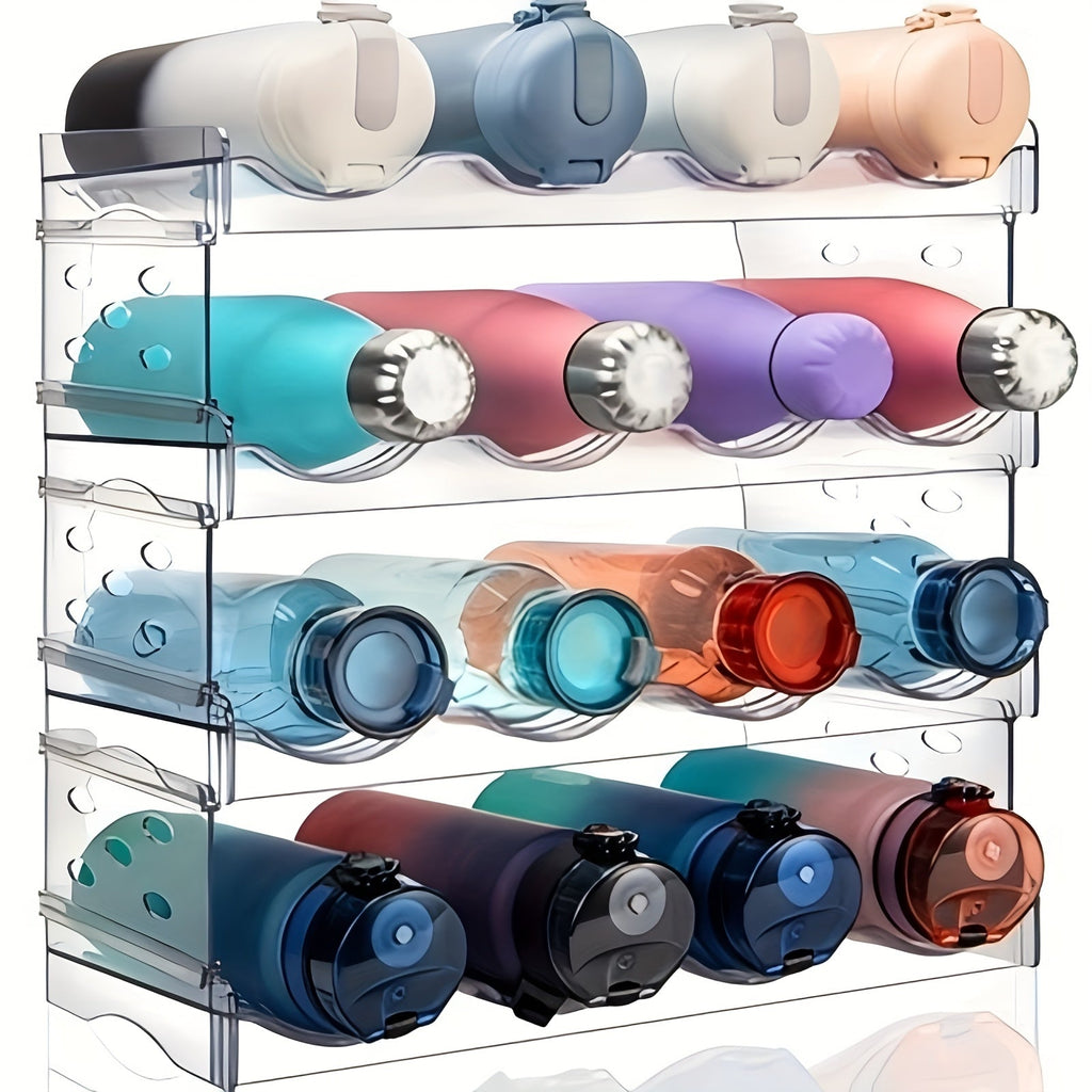 Water Bottle Organizer 4 Tier Stackable - Clear Plastic Cabinet Storage Rack Holds 16 Bottles Space Saving Transparent Pantry Kitchen Organizer | Home Office Pantry Refrigerator Organization