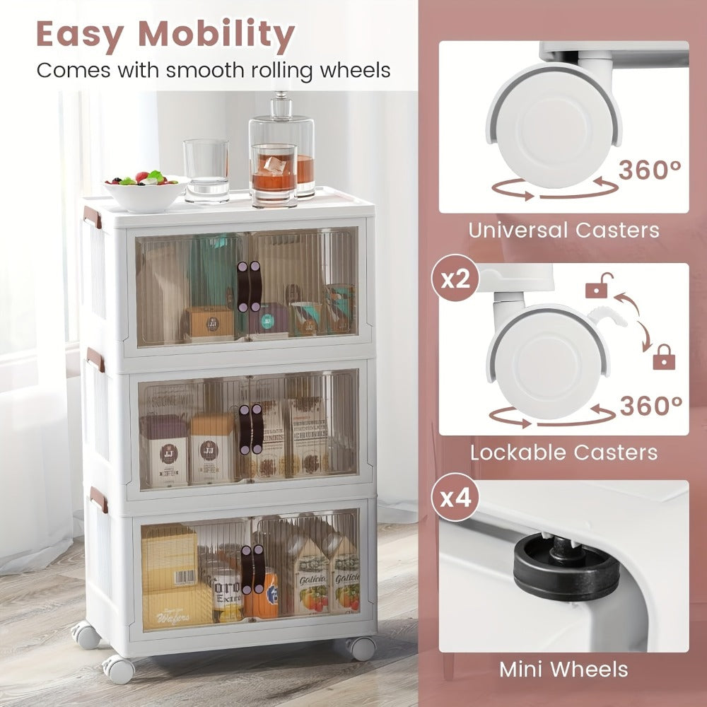Stackable Storage Bins with Wheels & Drawers | Open Front Foldable Storage Organizer Bins for Home Bedroom Clothes Books Toys Holiday Christmas Gift Storage