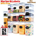 Airtight Food Storage Containers with Lids, BPA Free Leakproof Stackable Kitchen Organizer Set for Grain Nuts Cereal Pasta Dog Cat Food, with Labels & Marker