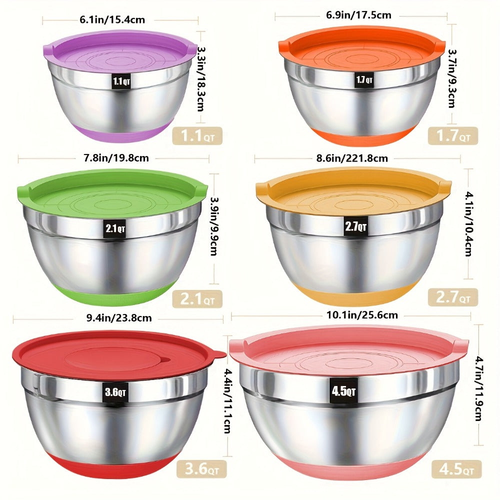 Stainless Steel Mixing Bowl Set 26pcs with 6 Bowls 20 Kitchen Tools Anti-Slip Bottom Multiple Sizes for Baking Cooking Meal Prep Storage