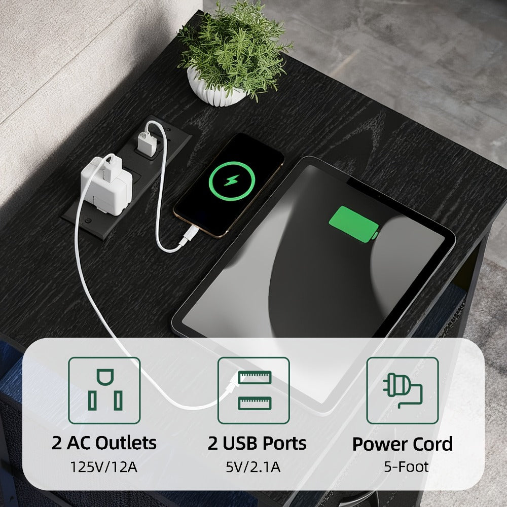 Nightstand with Charging Station & USB Port | 3-Drawer Bedside Table with LED Light, Heavy Duty End Table for Bedroom, Dorm & Small Spaces