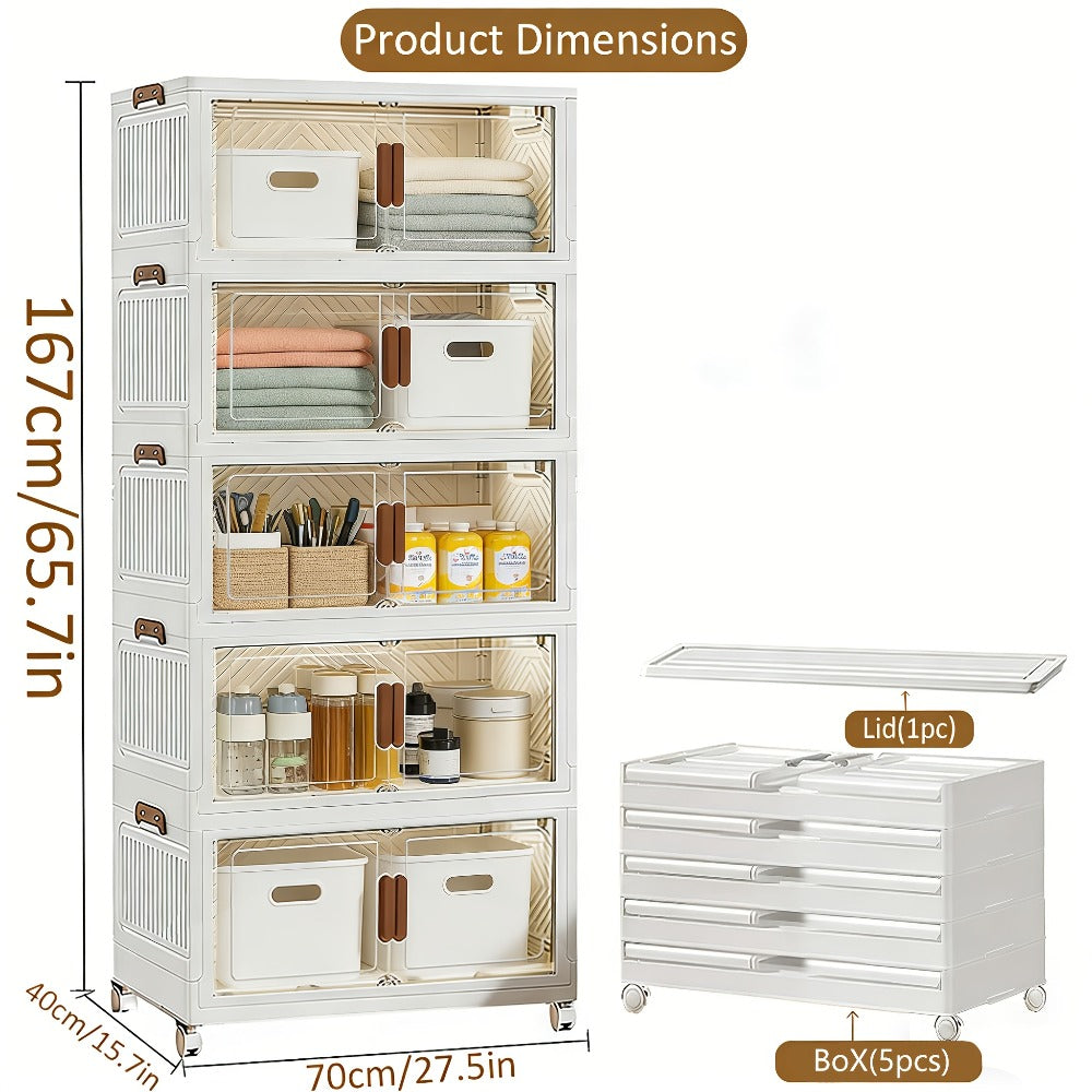 Stackable Foldable Storage Cabinet with Door ¨C PP Plastic 1/2/3/4/5 Layer Organizer Box with Wheels & Cover | Dual-Access Home Storage for Clothes, Books, Snacks & Kitchen Supplies | Office & Garage