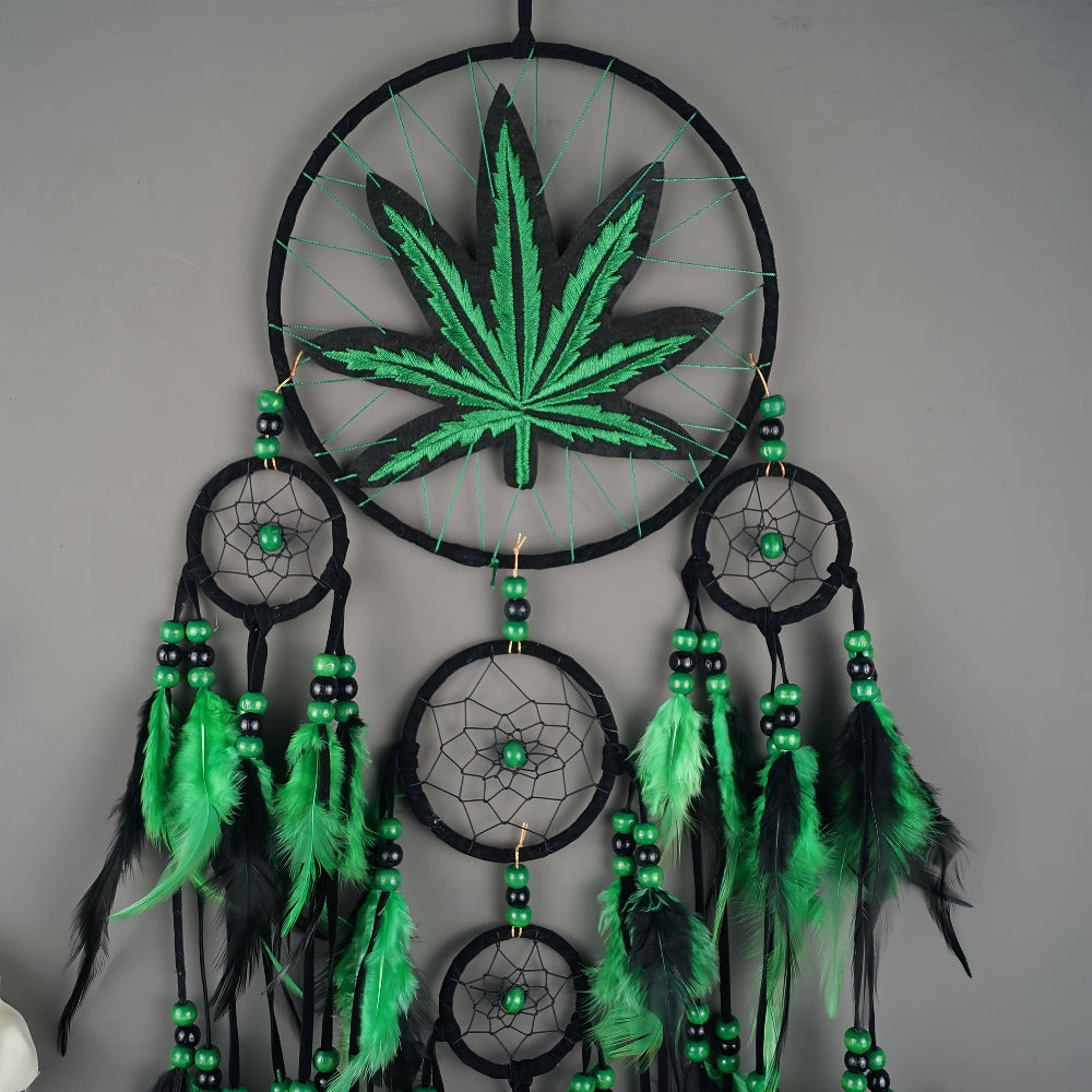 Bohemian Dream Catcher with Feathers & Leaf Embroidery ¨C Boho Wall Hanging Decor for Bedroom, Bedside, Cabin & Living Room ¨C Handcrafted Woven Dreamcatcher Gift for Women and Men