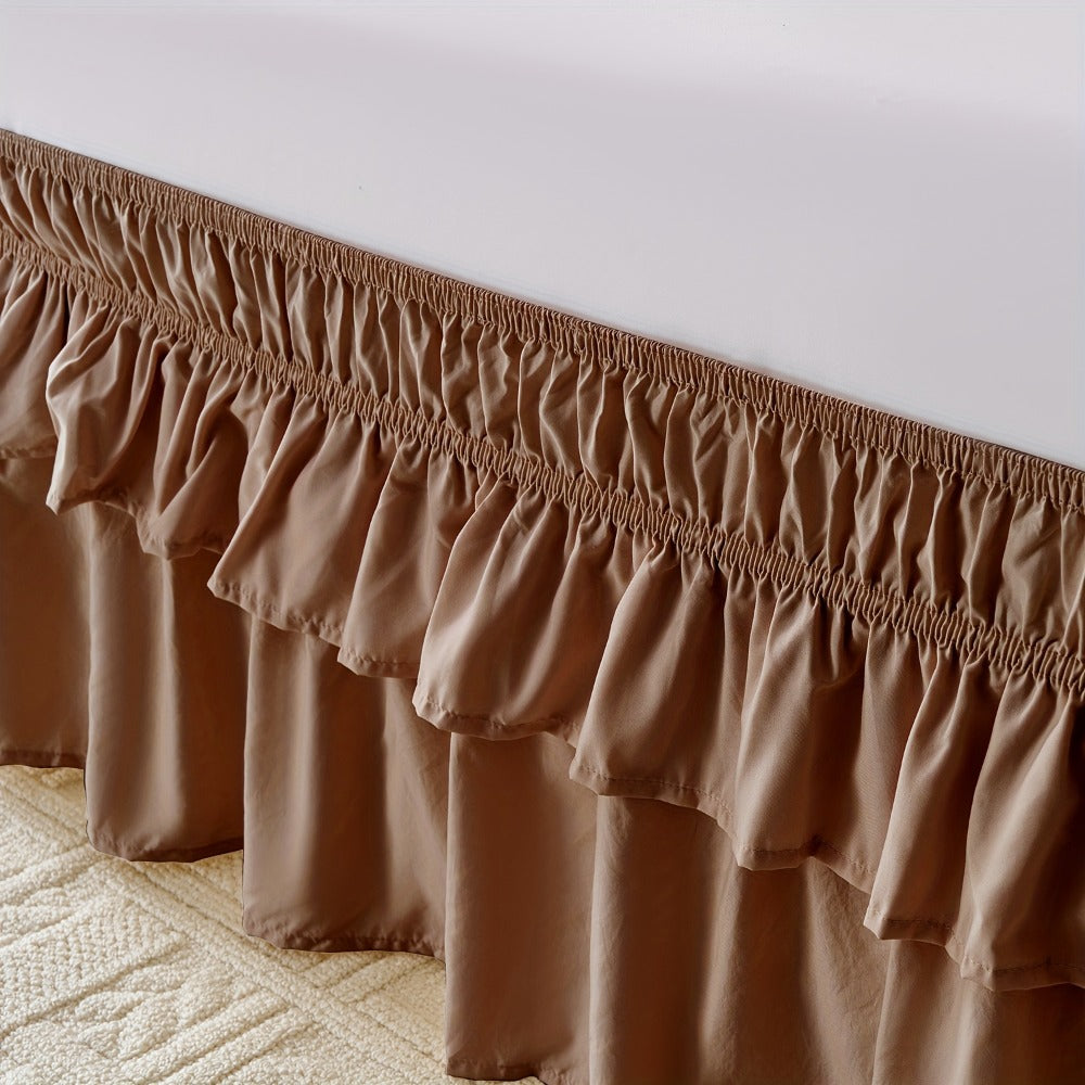 Double Ruffle Bed Skirt 16¡± Drop | Elastic Wrap Around Dust Ruffle for Twin Full Queen King Bed | Easy Install Machine Washable Soft Linen Poly Blend Bedskirt