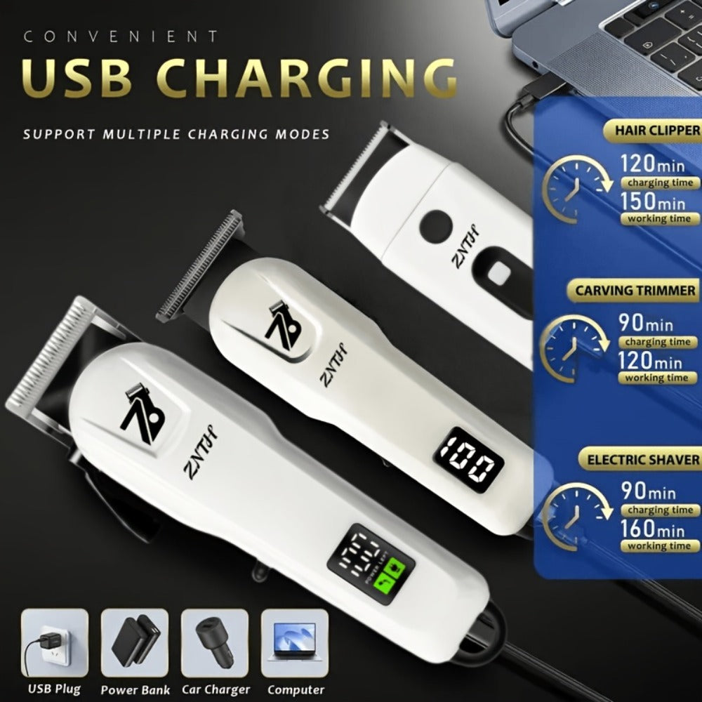 Professional Hair Clipper Kit 9-in-1 Trimmer for Haircut Bald Head Shaving LCD Display USB Fast Charge Long Battery Stainless Steel Blade 4 Guide Combs for Home Barbershop