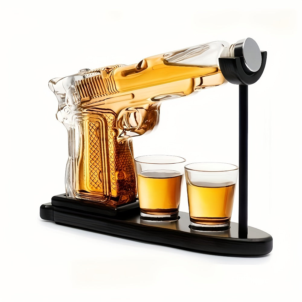Whiskey Gun Decanter Set 10oz with 2 Bullet Shot Glasses & Wooden Stand, Handgun Shaped Liquor Decanter for Home Bar, Unique Novelty Gift for Men, Dad, Birthday & Valentine's Day