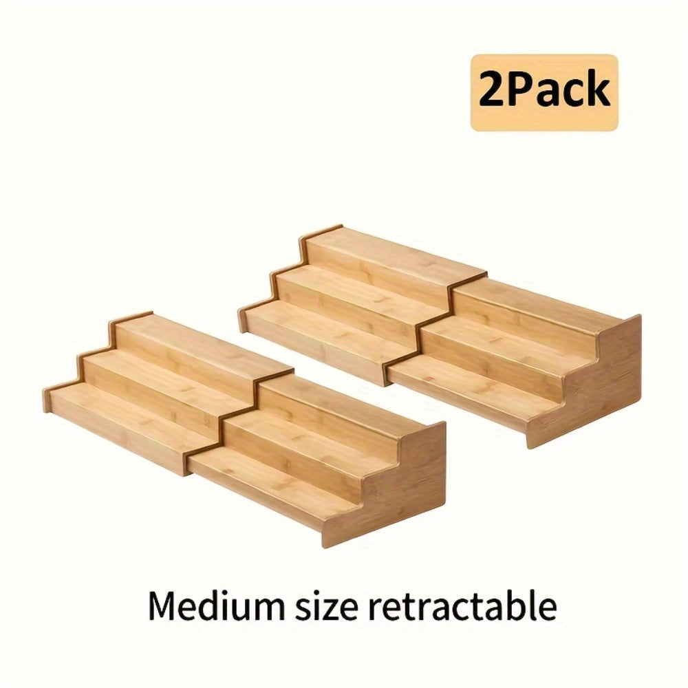 Bamboo Spice Rack Expandable 3-Tier Ladder Rack for Kitchen Cabinet Countertop Storage Organizer Pantry Shelf Display Stand for Spices Jars Bottles