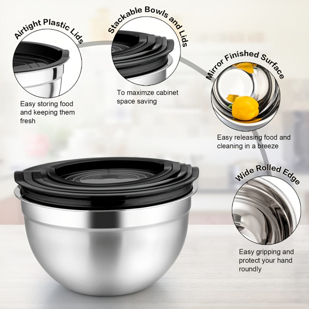 Stainless Steel Mixing Bowls with Airtight Lids Set of 14 Seven Nesting Bowls 0.7 to 4.5QT for Mixing Serving Salad Food Prep Kitchen Storage