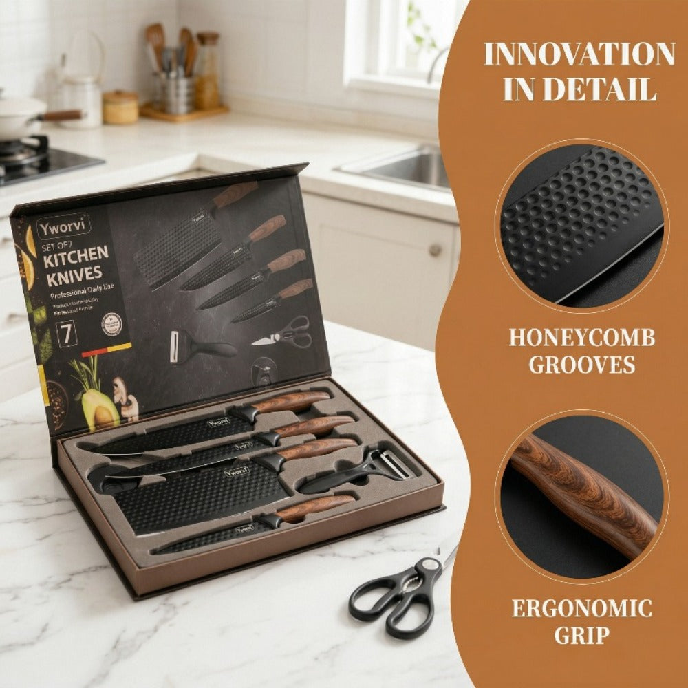 Chef Knife Set 7 Piece High Carbon Stainless Steel Ultra Sharp ¨C Anti-Stick Ergonomic PP Handle, Includes Slicing Knife, Scraper, Scissors & Whetstone, Gift Box for Home, Family & Travel