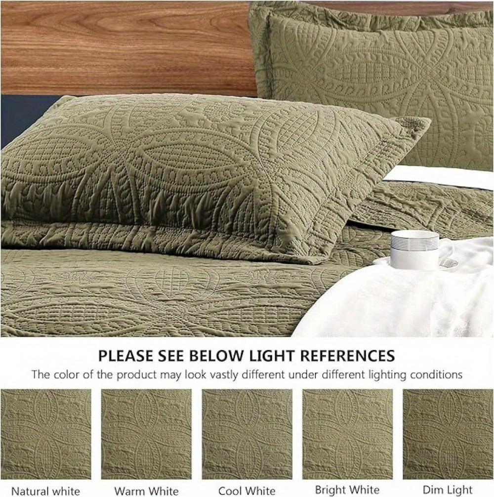 Quilt Set 3 Piece Lightweight Microfiber Bedspread with Pillow Shams - Coin Pattern Coverlet All Season Soft Bed Quilt Full Queen King Orange White Grey Green Khaki