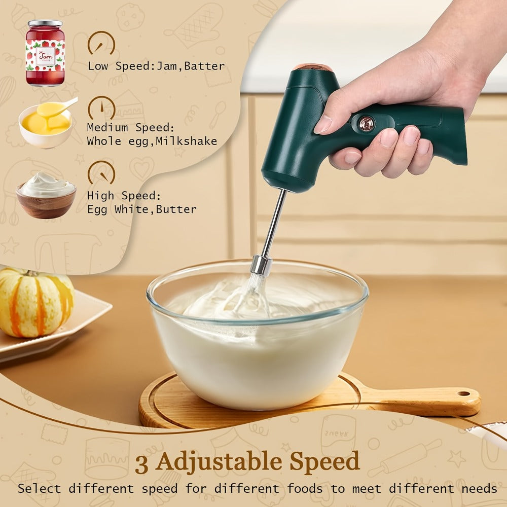 Electric Hand Mixer Cordless USB Rechargeable | 304 Stainless Steel Whisk 3-Speed Settings | Portable Handheld Mixer with 2 Detachable Whisks for Kitchen Baking Cake Cream