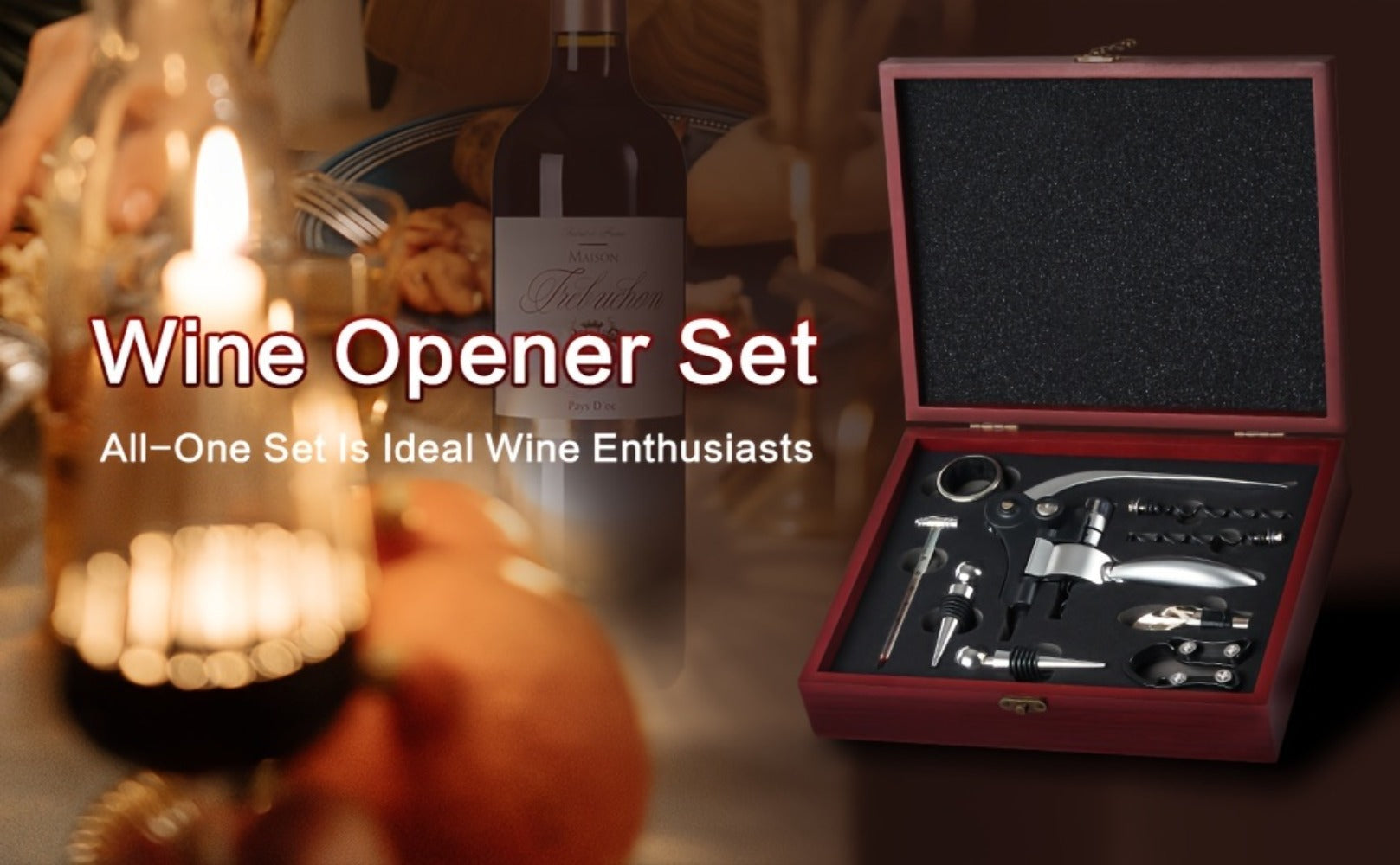 Wine Opener Kit 10pcs Stainless Steel Bottle Opener Gift Set with Wood Case - Beer Wine Accessories Bar Tool Set for Men Women Valentine's Day Birthday Housewarming Gift