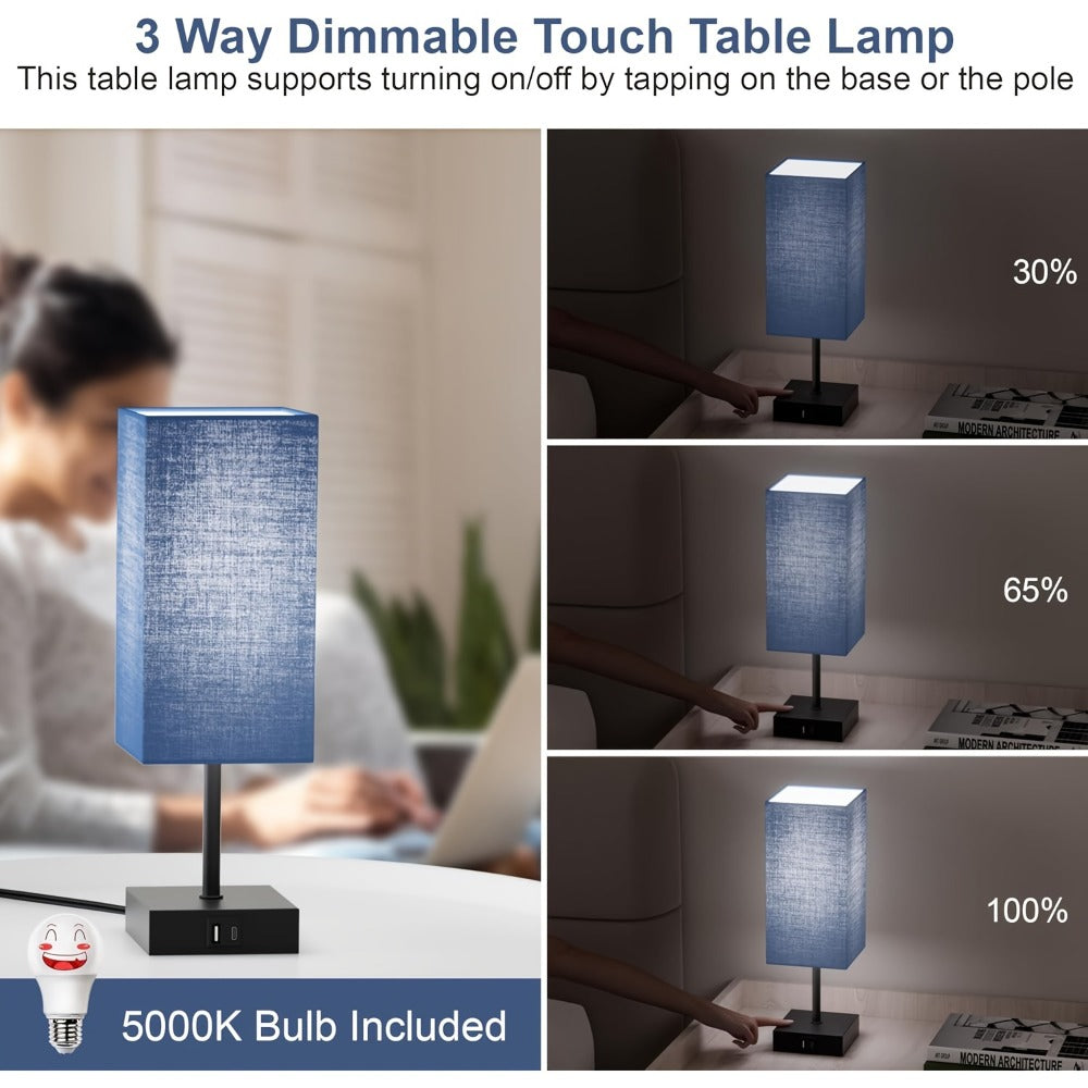 Bedside Lamps Set of 2 3-Way Dimmable Touch Nightstand Lamp USB-C A Charging Port LED Bulb Included Bedroom Living Room Decor Navy Blue Black Brown