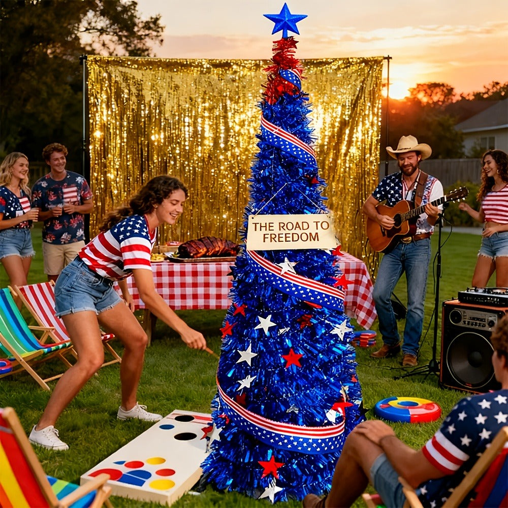 4th of July Decorative Tree 5ft LED Light, Foldable Patriotic Stars & Stripes Blue Christmas Tree with Red White Blue LED String Lights, Independence Day Party Decoration & Summer Gift