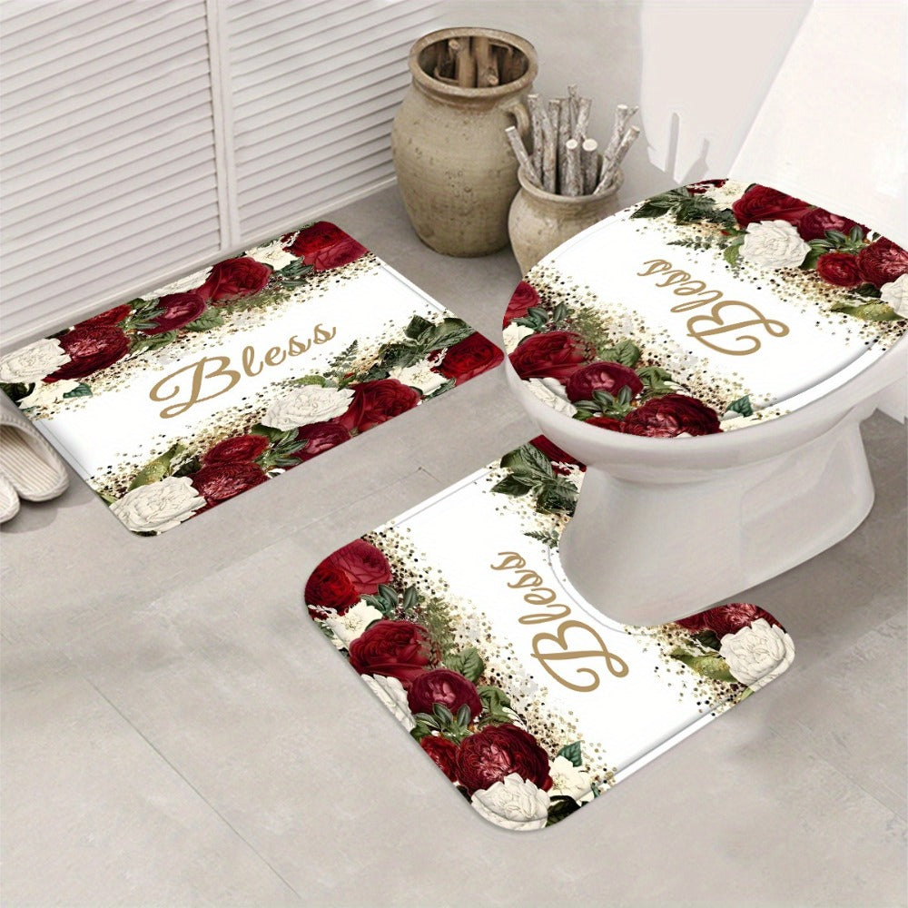 Rose Print Shower Curtain 4-Piece Bathroom Set ¨C Toilet Lid Cover Mat Machine Washable with 12 Hooks Elegant Floral Decor