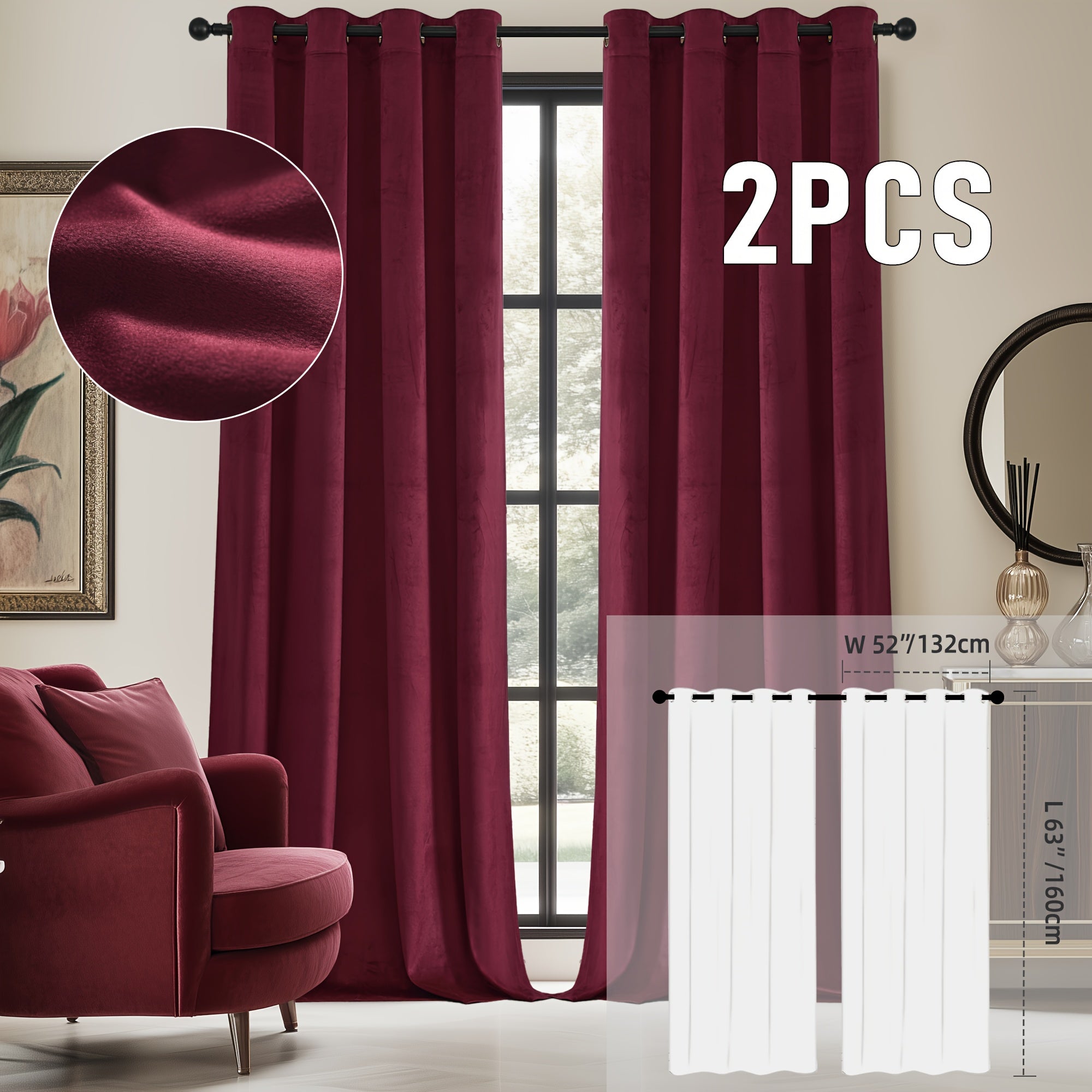 Velvet Room Darkening Curtains 2 Panels | Grommet Top Thermal Insulated Soundproof Blackout Curtains for Living Room Bedroom, Soft Solid Color Vintage Window Drapes