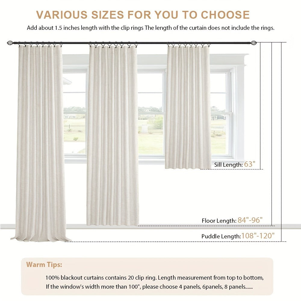 100% Blackout Curtains 4 Panels Faux Linen Textured Thermal Insulated Drapes - Room Darkening Window Curtains for Living Room Bedroom, Clip Rings & Rod Pocket, Energy Efficient Home Decor 50W x 84-120L