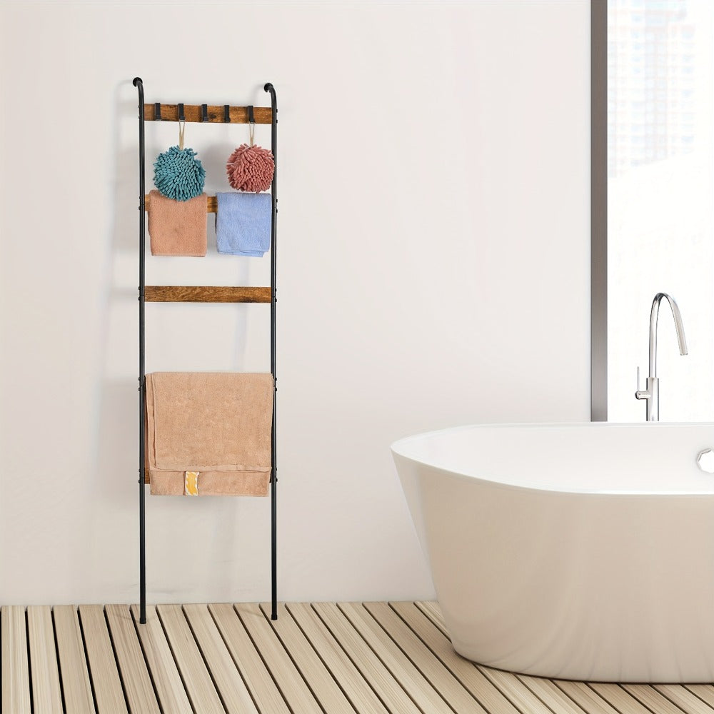 Blanket Ladder Rack 5 Tier with 10 Detachable Hooks - Freestanding Farmhouse Metal Towel Quilt Throw Storage Stand No Drilling Non-Slip Pads | Brown Black | Living Room Bathroom Bedroom Home Decor Organization