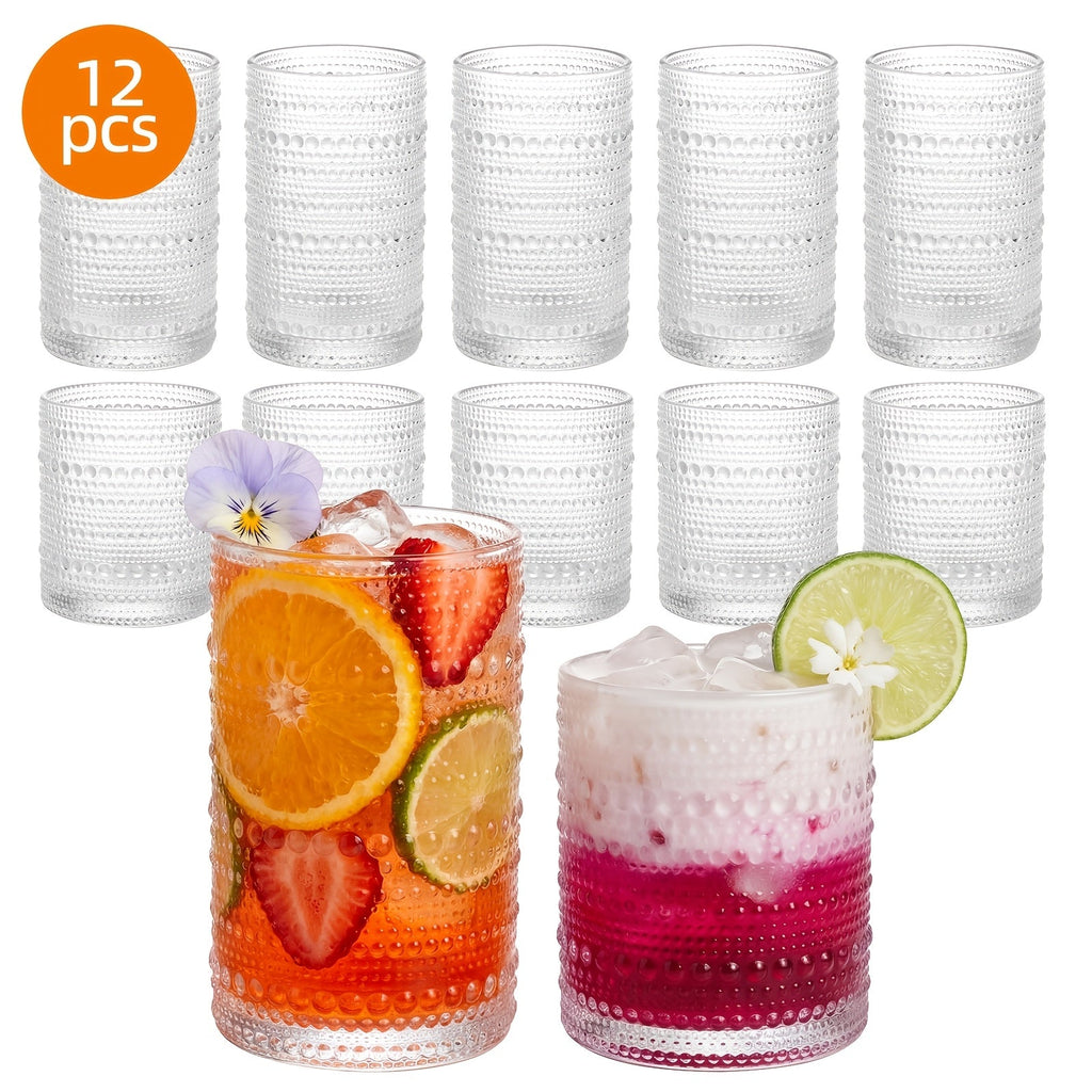 Drinking Glasses Set 12pcs ¨C 12 Oz & 10 Oz Highball Glasses, Clear Embossed Boho Glass Cups for Juice, Coffee & Milk, Kitchen Glassware Gift Set for Christmas