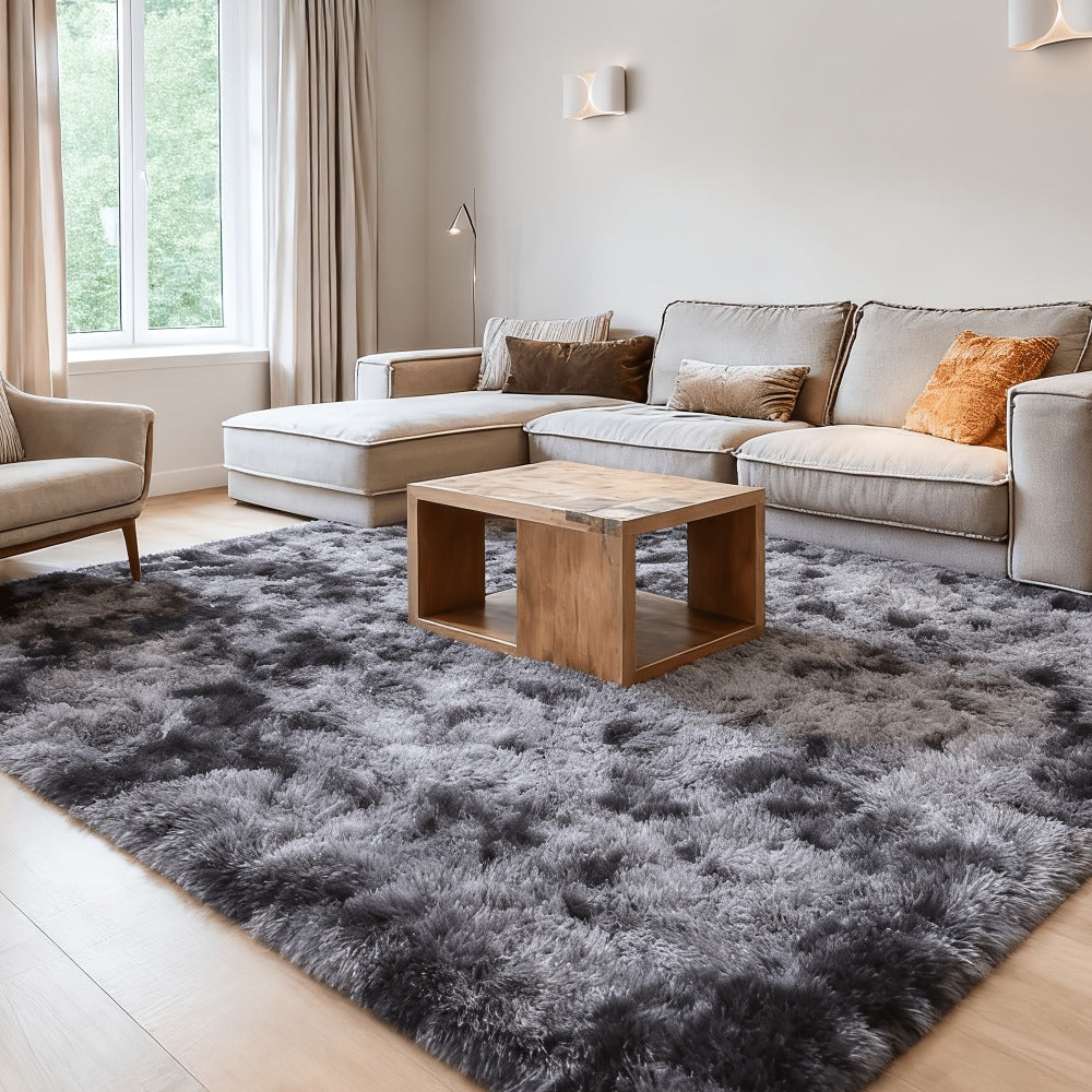 Plush Shaggy Area Rug 1.6 Inch Thick Non-Slip Machine Washable Polyester Carpet - Tie-Dye & Solid Color Fluffy Rectangle Rug for Living Room, Bedroom & Study | Silicone Grip Backing | 4 Sizes Available