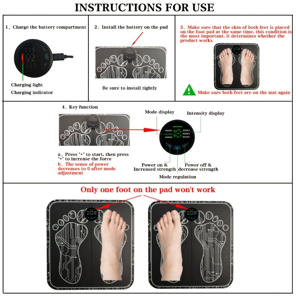 EMS Foot Massager Pad with TENS Therapy ¨C Portable Electric Foot Massage Machine, Reusable Pad, Multiple Mode Adjustment, Pain Relief for Plantar Fasciitis & Tired Feet