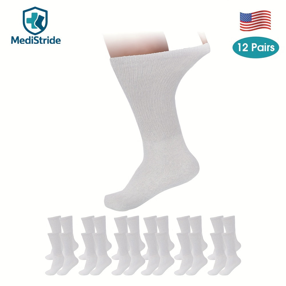 Cotton Diabetic Crew Socks 12 Pairs Non-Binding Neuropathy Loose Fit Seamless Cushioned Full Length for Men Women Edema Sensitive Feet White Black Brown Khaki Navy Grey
