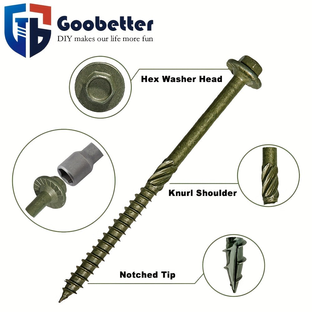 50pcs Heavy Duty Green Structural Wood Screws 14x10 Inch Carbon Steel Hex Head Partially Threaded Rust Resistant Exterior Timber Screws with Hex Socket for Deck Log Cabin Framing