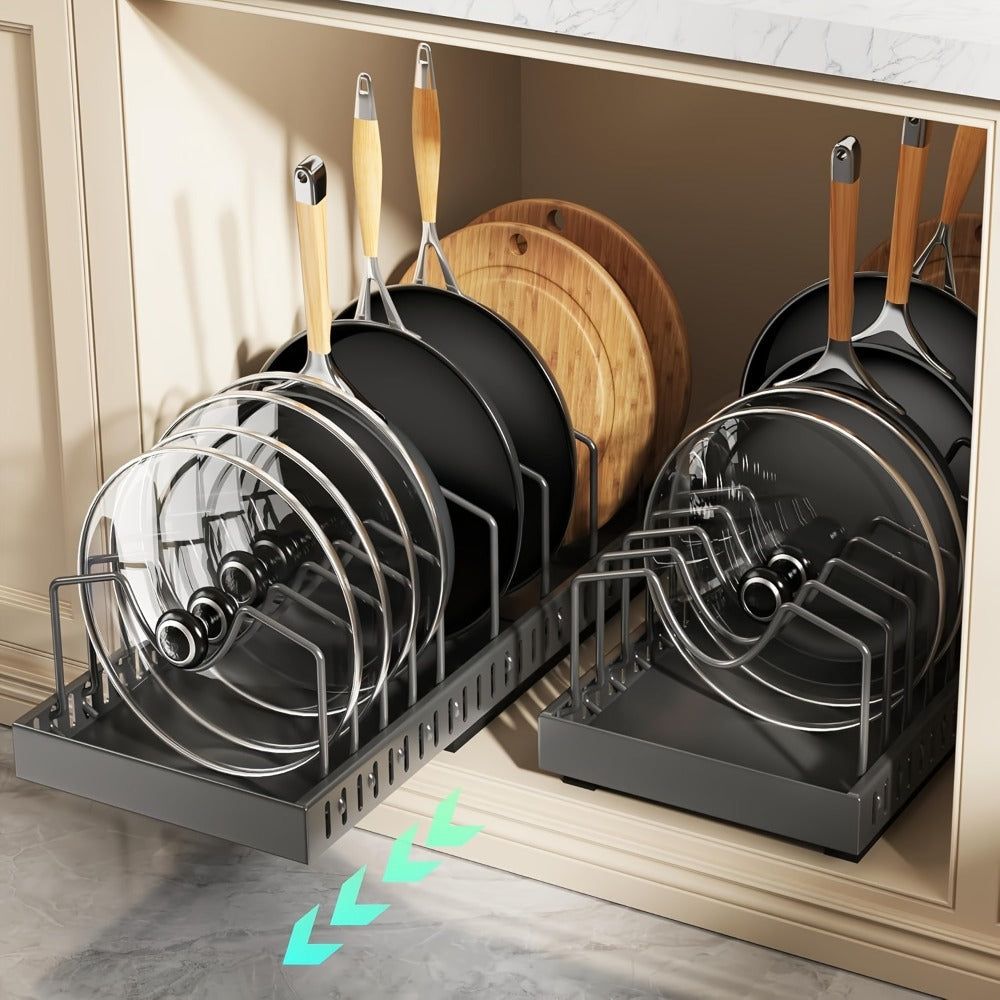 Pull-Out Pot and Pan Lid Rack Cabinet Sliding Storage Organizer - Kitchen Cabinet Slide-Out Box with 8/16 Adjustable Dividers for Lids, Baking Tools & Plates, Black or White, 1 or 2 Pack