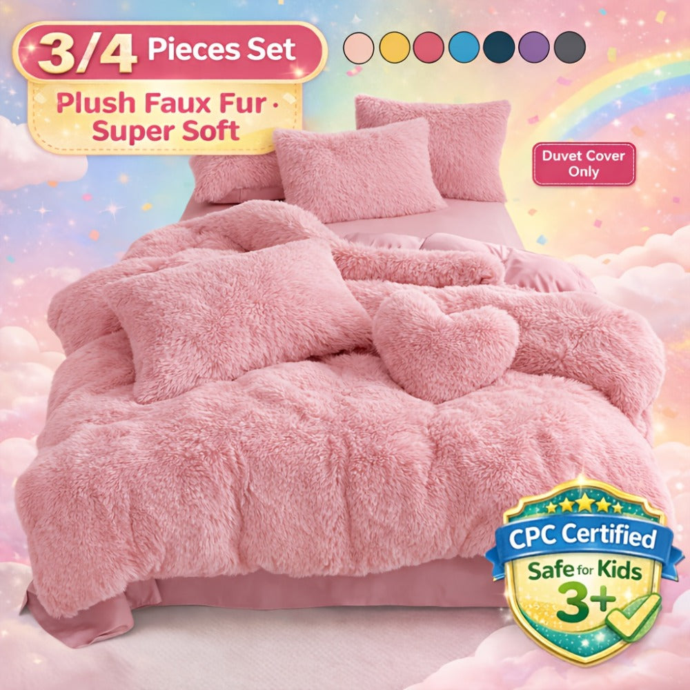 Faux Fur Duvet Cover Set Twin Queen King Super Soft Plush Comforter Cover with Pillowcases Heart Pillow for Kids Teens Machine Washable Bedroom Decor