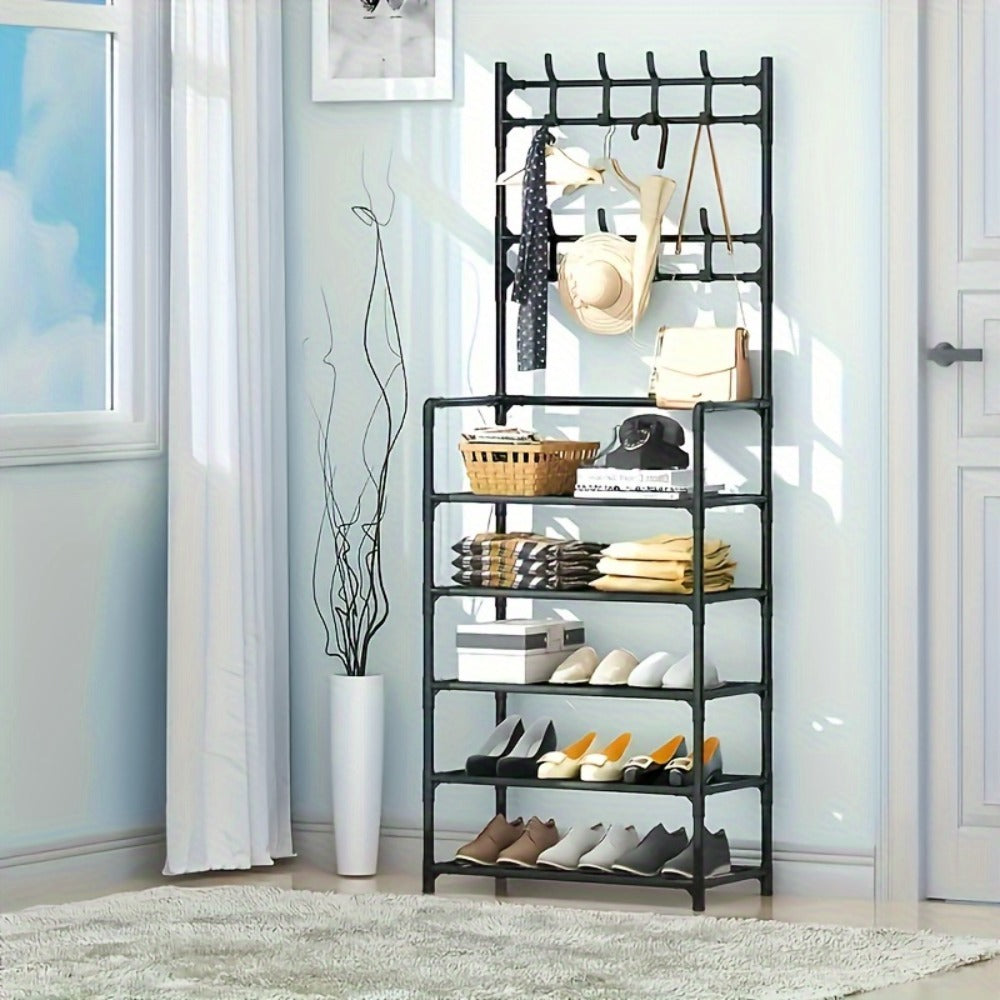 Shoe Rack Organizer with 8 Double Hooks & Multi-Layer Storage Shelves ¨C Floor Standing Coat Hat Holder for Entryway Bedroom Living Room