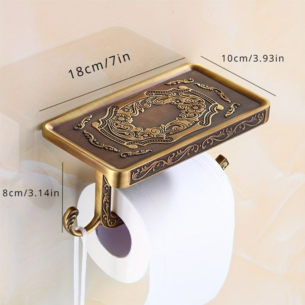 Toilet Paper Holder with Shelf Antique Brass Vintage Wall Mounted - Self-Adhesive No Drill Tissue Roll Dispenser with Storage Ledge, Elegant Bathroom Accessory in Golden & White, 1pc or 2pcs