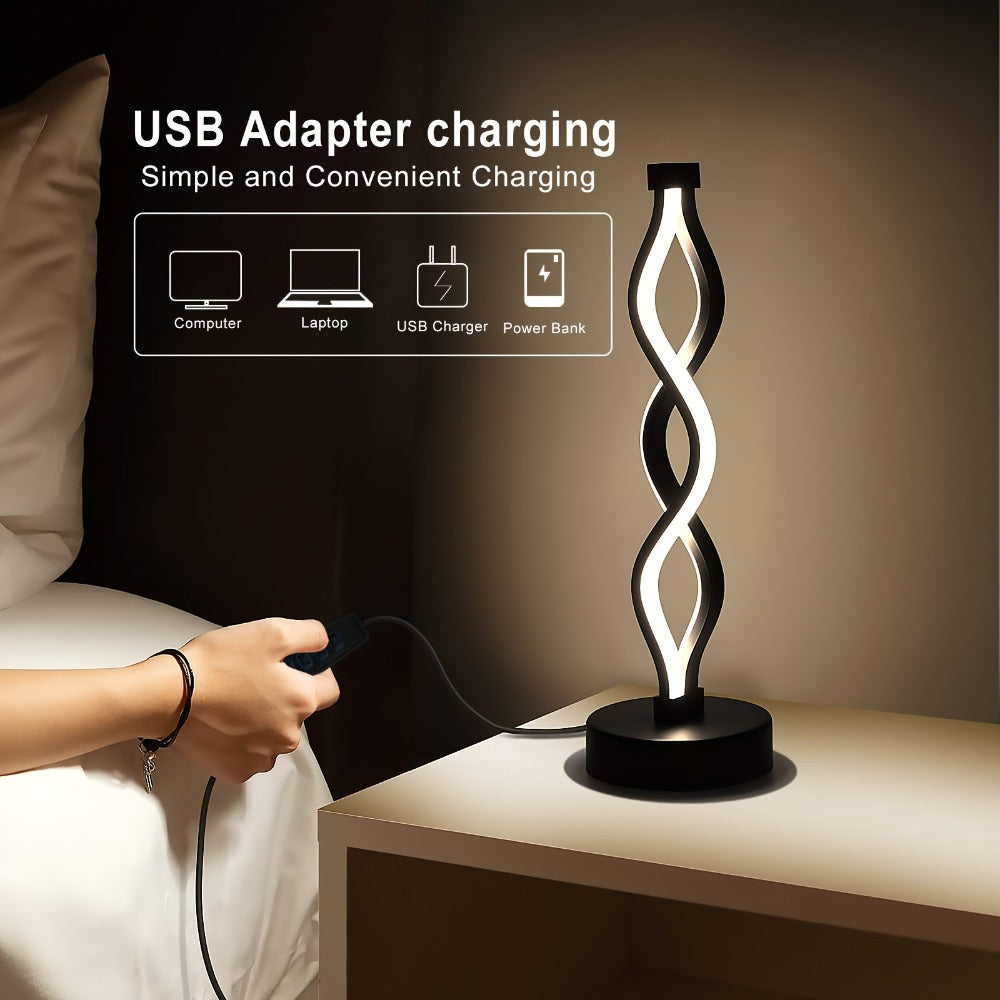Spiral LED Table Lamp ¨C Modern Minimalist Wave Dimmable Desk Lamp, 3 Color Temperatures, USB Charging, Metallic Base, Creative Curved Night Light for Bedroom Living Room Office Study (1pc / 2pc / Wooden)
