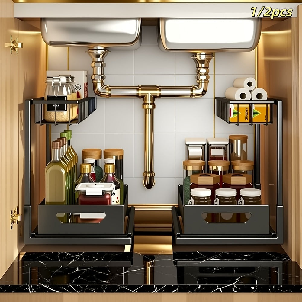 2-Tier Pull-Out Cabinet Organizer Metal Sliding Drawer, Kitchen Sink Storage Container for Bathroom Tabletop Study, Push-Pull Stackable Organizer for Kitchen Bathroom Cabinet