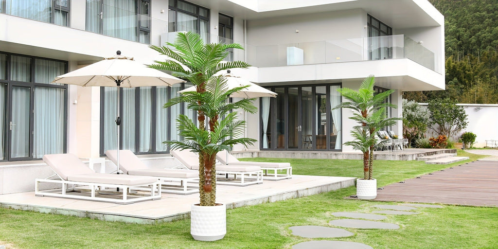 Artificial Palm Tree Outdoor 8FT & 10FT ¨C Large UV Resistant Faux Tropical Palm Plant with Cement Base, Realistic Fake Golden Cane Palm for Patio, Poolside, Balcony & Indoor Home Office Decor