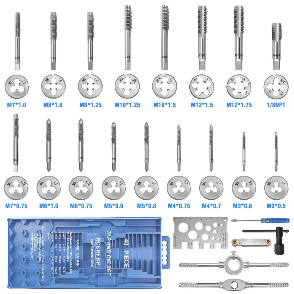 Tap and Die Set Metric ¨C 12-Piece & 40-Piece M3-M12 Thread Plug Straight Taper with Pitch Calipers & Wrench, Internal & External Threading Tool Kit for Metal, DIY & Home Repair