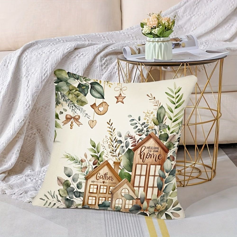Eucalyptus Leaf Pillow Covers Set of 4 Farmhouse Style White Gray Decorative Throw Pillow Cases - 18x18 Inch Indoor Outdoor Sofa Chair Accent Cushion Covers, Soft Chic Botanical Print, Insert Not Included