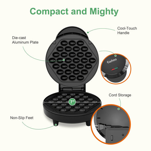 Bubble Waffle Maker 7 Inch 1000W Electric Hong Kong Egg Waffle Maker Nonstick Coating Ready in 5 Minutes for Breakfast Ice Cream Desserts Party Snacks Gift